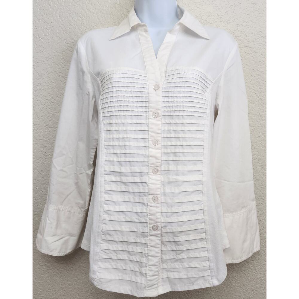 NY Collection White Tuxedo Pleated Button Up Deep V Neck Top Medium Lightweight